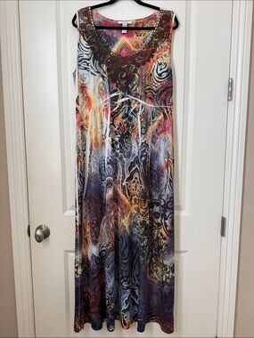 Style & Co. Sleeveless Maxi Dress with Lace Trim and  Brown Crocheted Jacket 1X